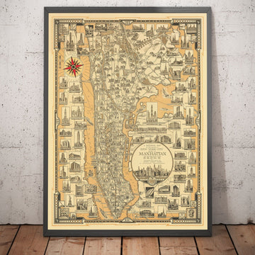Old Pictorial Map of Manhattan & The Bronx, 1939 by E. Chase - Landmarks, Skyscrapers, Hudson River