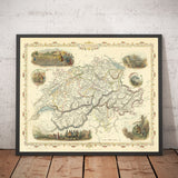 Antica mappa colorata a mano della Svizzera, 1851 - Berna, Zurigo, Cantoni, Ginevra, Laghi, Zermatt, Guglielmo Tell 