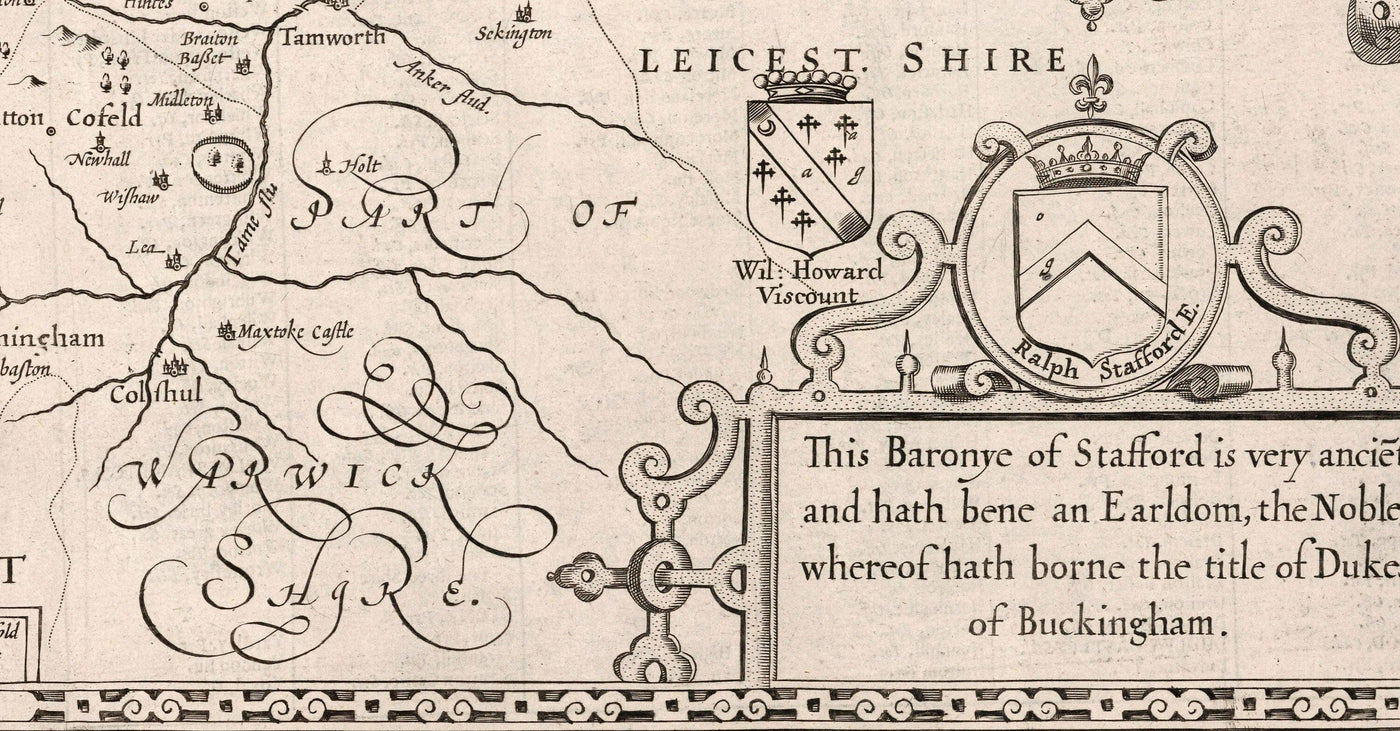 Antiguo mapa monocromo de Staffordshire, 1611 por John Speed - Stafford, Wolverhampton, Stoke-on-Trent, Birmingham, Walsall, Dudley