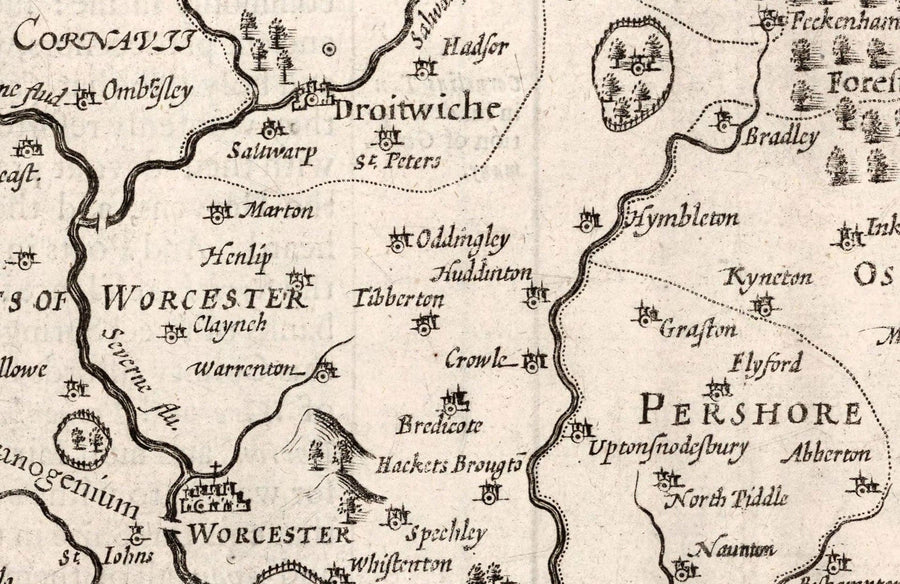 Old monochrome Carte of Worcestershire, 1611 par John Speed ​​- Worcester, Bromsgrove, Kidderminster, Malvern, Droitwich