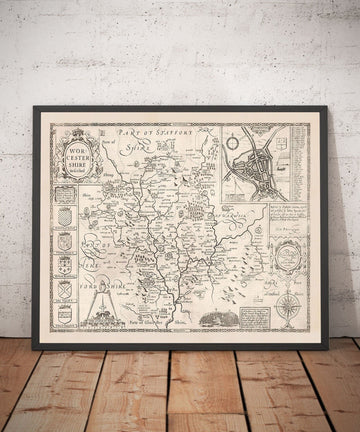 Old Monochrome Map of Worcestershire, 1611 by John Speed - Worcester, Bromsgrove, Kidderminster, Malvern, Droitwich