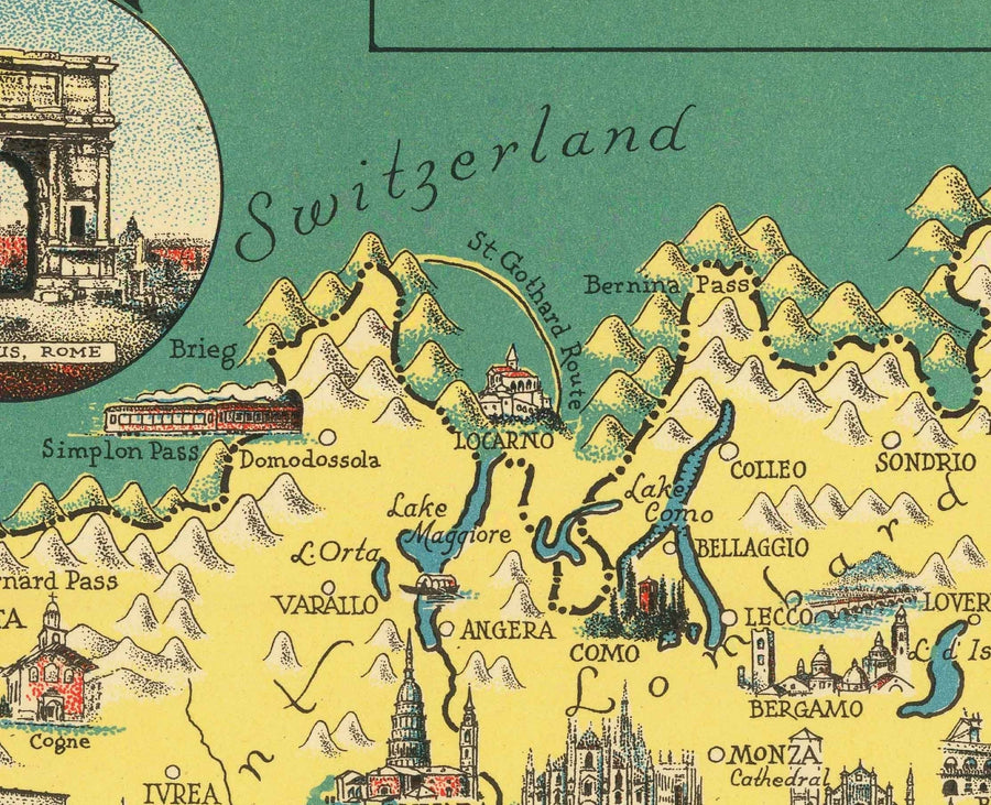 Alter bildlicher Atlas von Italien, 1935 von E. Chase - Illustrierte Wahrzeichen, Vatikan, Venedig, Florenz, Rom, Sardinien 