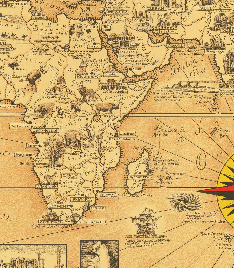 Alte sieben Weltwunder Atlas Karte, 1939 - Antik und Modern - Pyramiden, Empire State, Stonehenge 