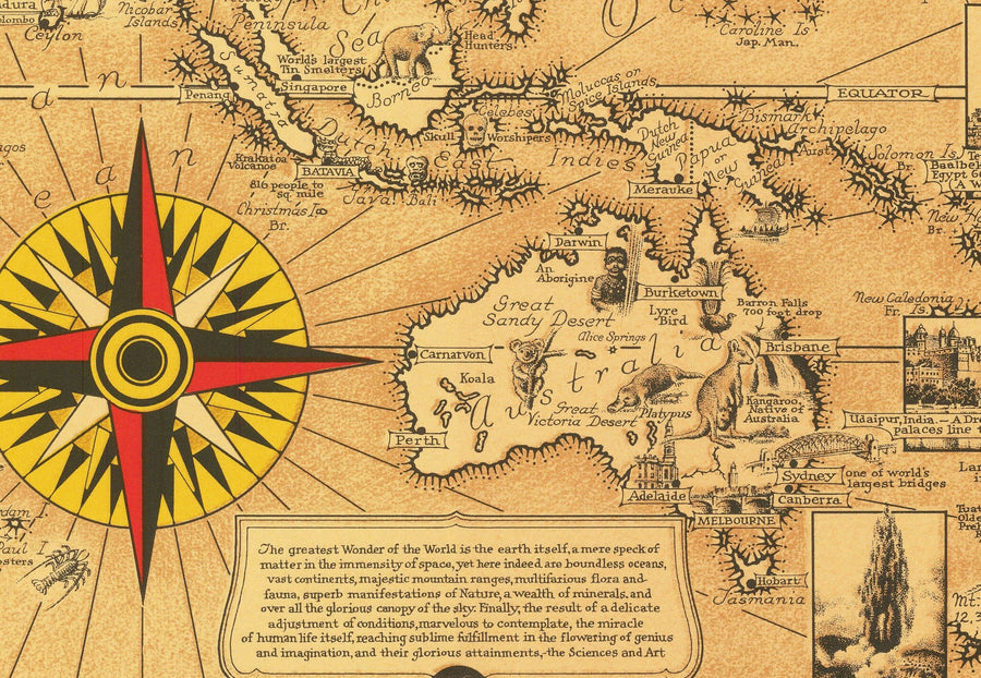 Alte sieben Weltwunder Atlas Karte, 1939 - Antik und Modern - Pyramiden, Empire State, Stonehenge 