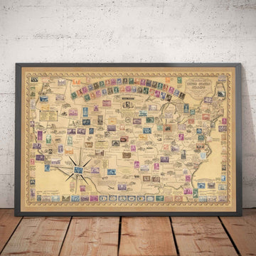 Antiguo mapa de sellos de los EE.UU. por E. Chase, 1949 - Historia de los Correos de los Estados Unidos - Presidentes, Lugares de Interés, Coleccionista