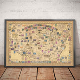 Old Stamp Map of the USA by E. Chase, 1949 - Historical United States Post Office - Presidents, Landmarks, Collector