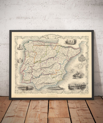 Old Map of Spain & Portugal, 1851 - Victorian Illustrations - Catalonia, Madrid, Lisbon, Gibraltar, Andalusia