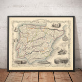 Old Map of Spain & Portugal, 1851 - Victorian Illustrations - Catalonia, Madrid, Lisbon, Gibraltar, Andalusia