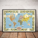 Antiguo mapa francés del mundo, 1956 - Carte du Monde Atlas de Blondel La Rougery - Monstruos marinos, zonas horarias