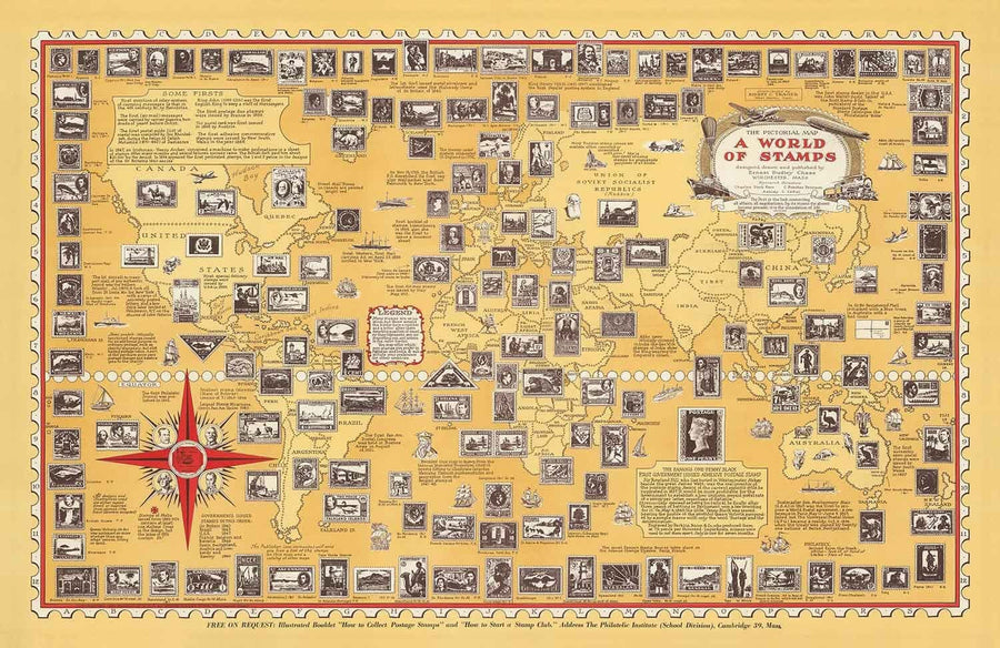 Alte Stempelkarte der Welt, 1947 von E. Chase - Historischer Postamt-Atlas, Wahrzeichen, Penny Black 