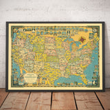 Old Pictorial Map of USA, 1941 par E. Chase - "America the Wonderland" - Des repères illustrés, des merveilles naturelles