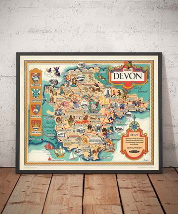 Mappa Pittorica Antica del Devon, 1950 di Bowyer - Ferrovie Britanniche, Torquay, Torrington, Clovelly, West Country 