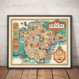 Old Pictorial Map of Devon, 1950 by Bowyer - British Railway, Torquay, Torrington, Clovelly, West Country