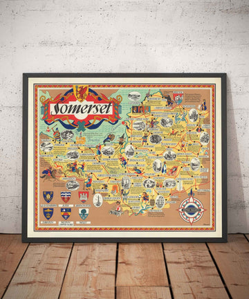 Mappa Pittorica Antica del Somerset, 1950 - Ferrovie Britanniche, Weston-super-Mare, Somerton, Dulverton, Bath, West Country 