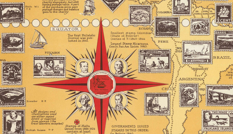Alte Stempelkarte der Welt, 1947 von E. Chase - Historischer Postamt-Atlas, Wahrzeichen, Penny Black 