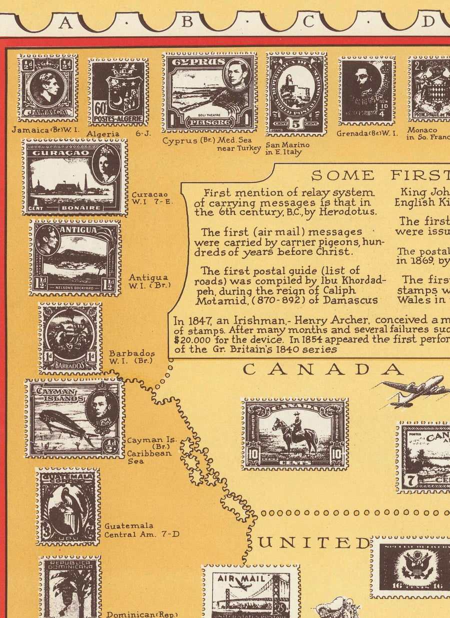 Alte Stempelkarte der Welt, 1947 von E. Chase - Historischer Postamt-Atlas, Wahrzeichen, Penny Black 