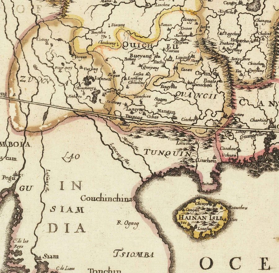 Old Map of China and East Asia, 1669 par Blome - Grande mur, cantons, Corée, Japon, Vietnam, Thaïlande, Cambodge