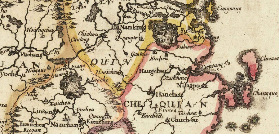 Old Map of China and East Asia, 1669 par Blome - Grande mur, cantons, Corée, Japon, Vietnam, Thaïlande, Cambodge