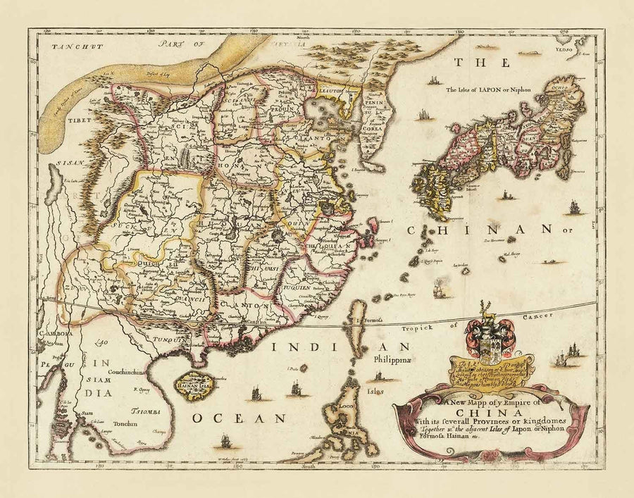Old Map of China and East Asia, 1669 par Blome - Grande mur, cantons, Corée, Japon, Vietnam, Thaïlande, Cambodge