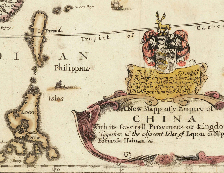 Old Map of China and East Asia, 1669 par Blome - Grande mur, cantons, Corée, Japon, Vietnam, Thaïlande, Cambodge