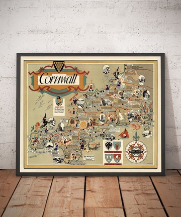 Vecchia mappa pittorica della Cornovaglia, 1950 di Bowyer - Ferrovie britanniche, St Ives, Newquay, Plymouth, Truro, Paese occidentale 