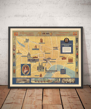 Antiguo mapa pictórico de la Coronación de la Reina en Londres, 1953 por Crosley - SM Isabel II, Familia Real, Westminster