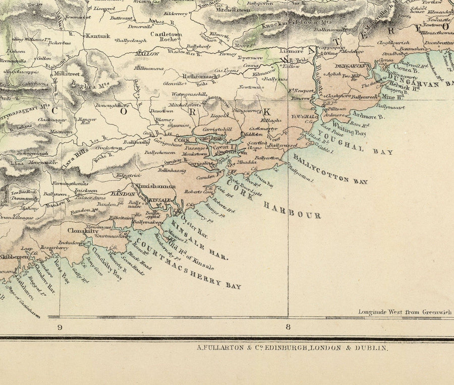 Alte Karte von Irland im Jahr 1872 - Seltene, attraktive Farbkart von A. Fullarton & Co 