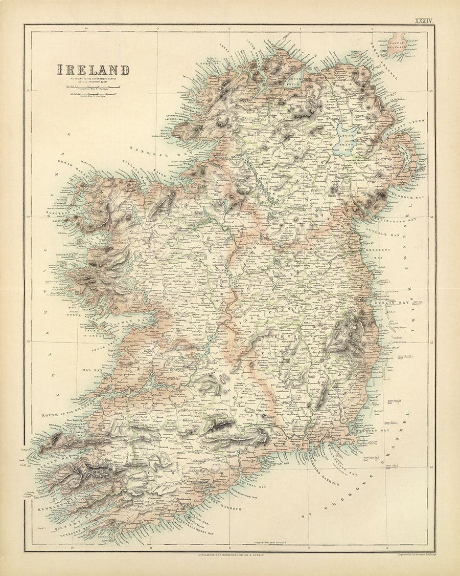 Alte Karte von Irland im Jahr 1872 - Seltene, attraktive Farbkart von A. Fullarton & Co 