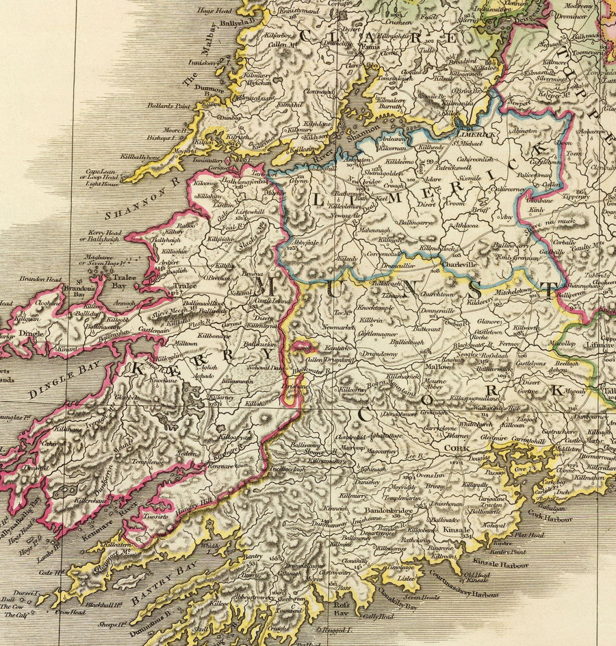Alte Karte von Irland im Jahr 1798 von W. Faden - Seltene Farb-Atlas-Karte - Dublin, Belfast, Cork 