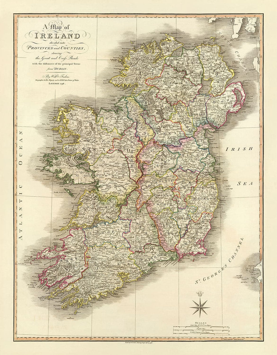 Alte Karte von Irland im Jahr 1798 von W. Faden - Seltene Farb-Atlas-Karte - Dublin, Belfast, Cork 