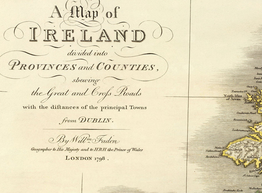 Alte Karte von Irland im Jahr 1798 von W. Faden - Seltene Farb-Atlas-Karte - Dublin, Belfast, Cork 