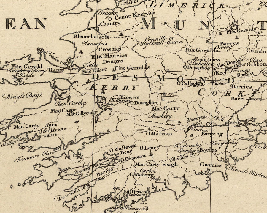 Alte Karte der Familiennamen Irlands, 1795 - O&