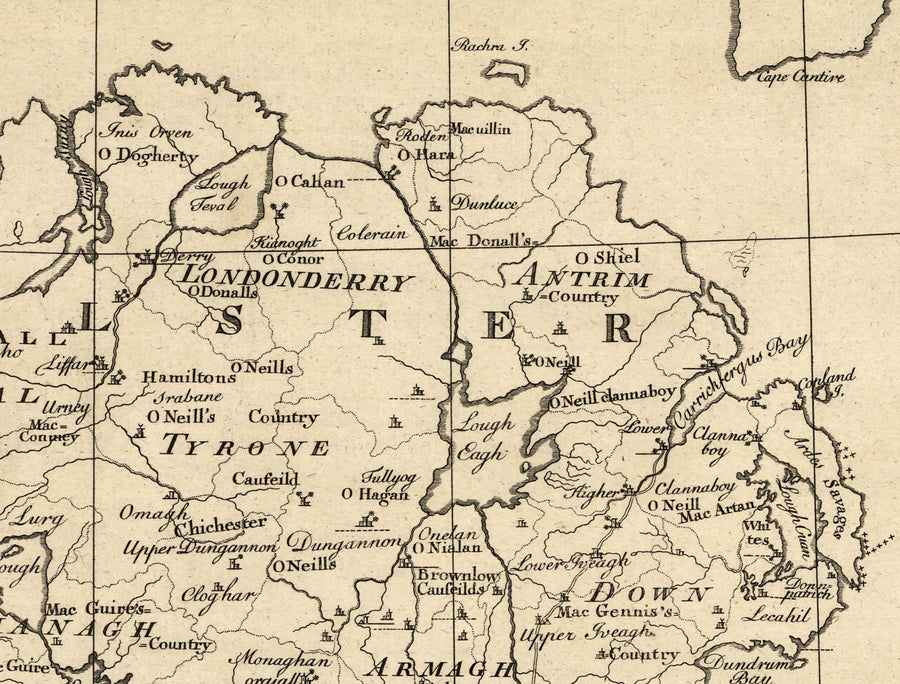 Alte Karte der Familiennamen Irlands, 1795 - O&