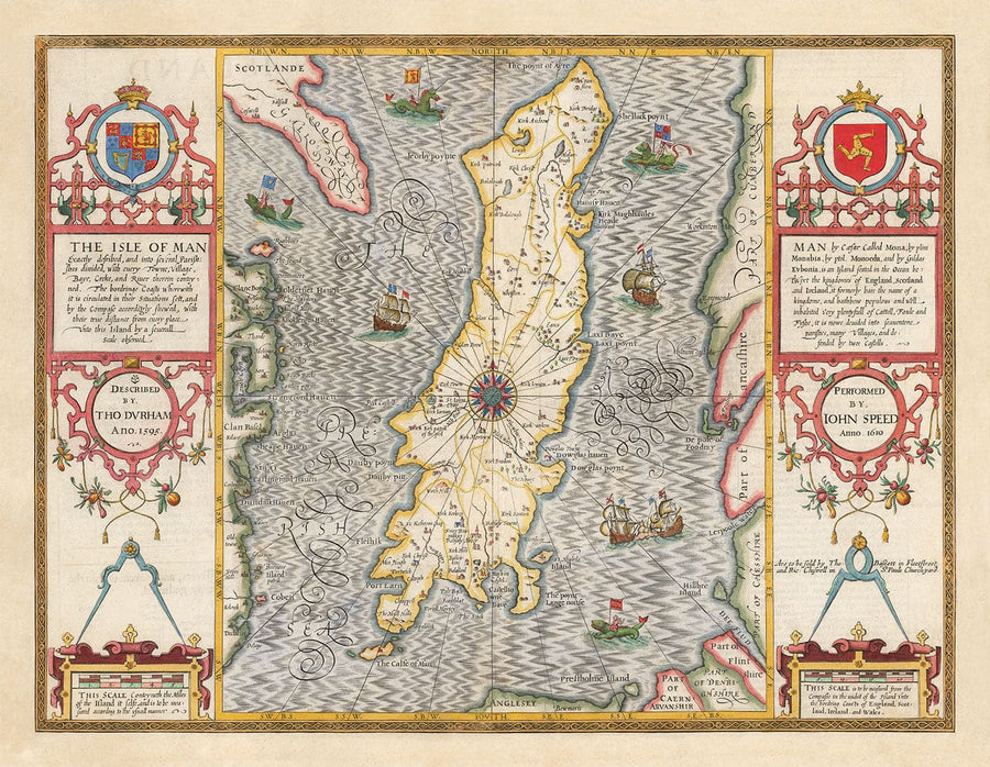 Old Map of Isle of Man, 1611 by John Speed - Douglas, Castletown, Peel, Ramsey
