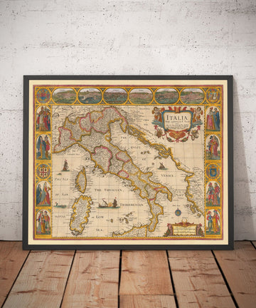 Old Handcoloured Map of Italy, 1627 by John Speed - Corsica, Sardinia, Sicily, Venice, Rome, The Pope
