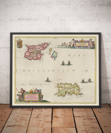 Alte Karte von Jersey und Guernsey, 1665 von Blaeu - Englische Kanalinseln, Bailiwicks und Kronbesitzungen, St. Helier, Saint Peter Port 