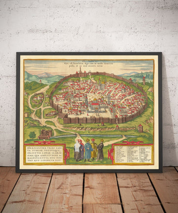 Vieille carte de Jérusalem, 1582 par Georg Braun - Juifs et Islam Vieille ville, Mont du temple, Murs de la ville, Tour de David, Jaffa Gate