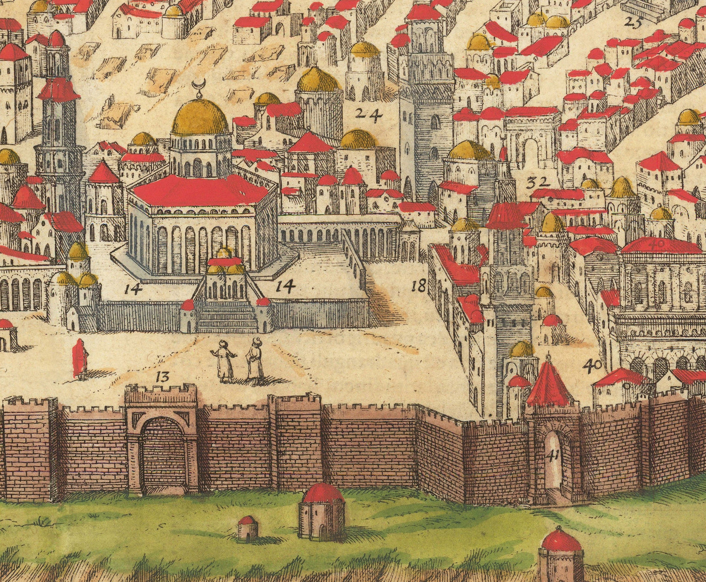 Viejo mapa de Jerusalén, 1582 de Georg Braun - Ciudad vieja de Judía y Islam, Monte del templo, Muros de la ciudad, Torre de David, Puerta de Jaffa
