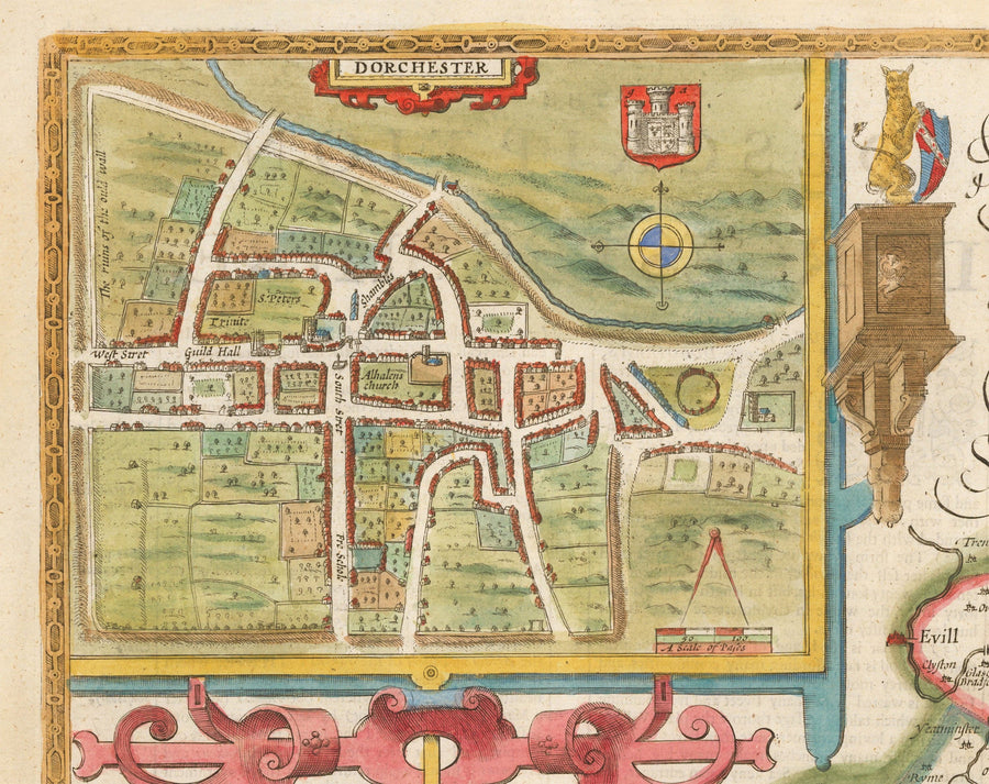 Ancienne carte de Dorset en 1611 par John Speed ​​- Poole, Weymouth, Dorchester, Bridport