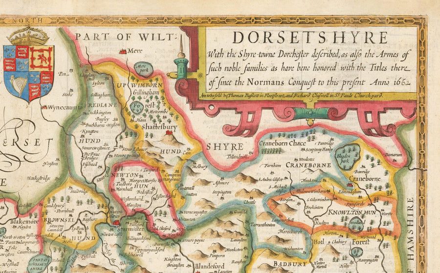 Ancienne carte de Dorset en 1611 par John Speed ​​- Poole, Weymouth, Dorchester, Bridport