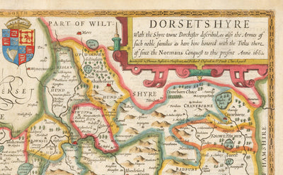 Alte Karte von Dorset im Jahre 1611 von John Speed ​​- Poole, Weymouth, Dorchester, Bridport