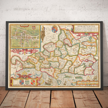Mappa antica del Dorset nel 1611 di John Speed - Poole, Weymouth, Dorchester, Bridport 