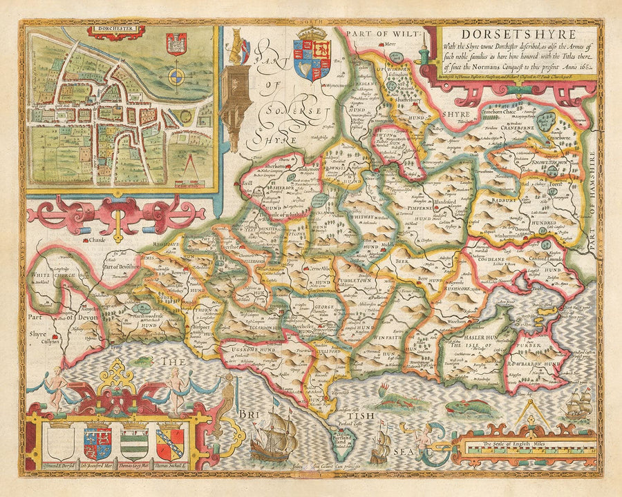 Ancienne carte de Dorset en 1611 par John Speed ​​- Poole, Weymouth, Dorchester, Bridport