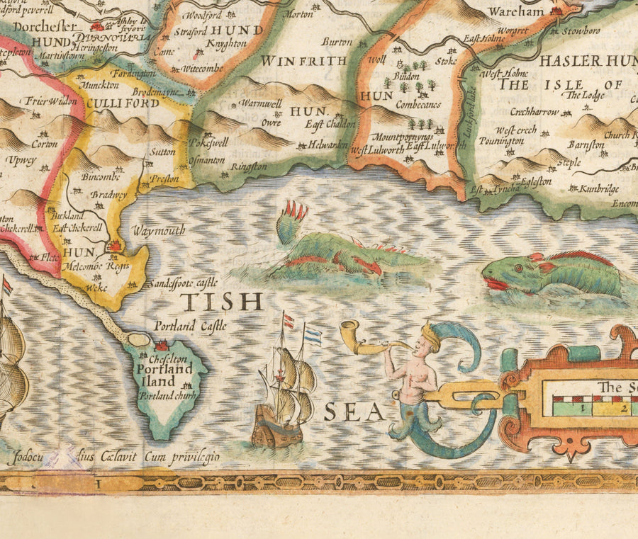 Ancienne carte de Dorset en 1611 par John Speed ​​- Poole, Weymouth, Dorchester, Bridport