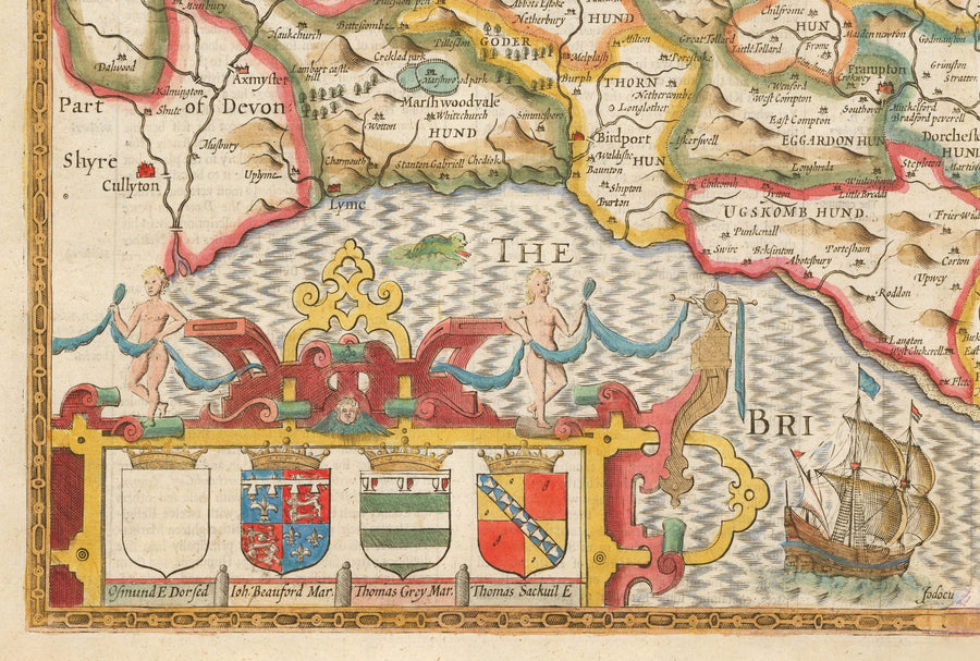 Ancienne carte de Dorset en 1611 par John Speed ​​- Poole, Weymouth, Dorchester, Bridport