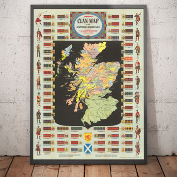 Viejo mapa de Escocia Clans y Tartanes - Tierras Highlands & Lowlands de Johnston