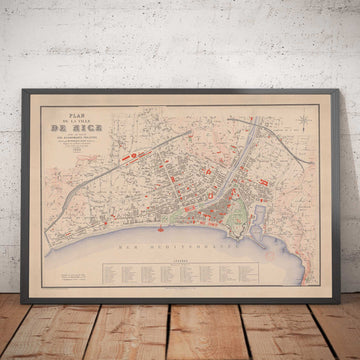 Mapa antiguo de Niza, Francia en 1882 por Francois Aune - Costa Azul, Promenade Des Anglais, Dubouchage, Mediterráneo