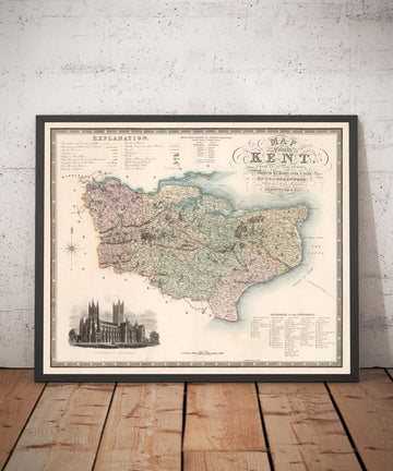 Ancienne carte de Kent, 1829 par Greenwood & Co. - Canterbury, Maidstone, Bromley, Tunbridge, Margate