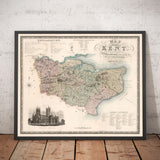 Mapa antiguo de Kent, 1829 por Greenwood & Co. - Canterbury, Maidstone, Bromley, Túnbridge, Margate
