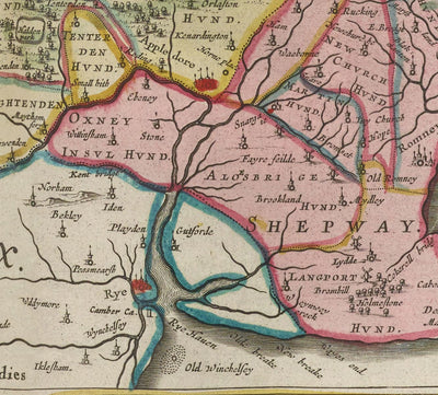 Mapa antiguo de Kent en 1665 por Joan Blaeu - Canterbury, Maidstone, Bromley, Túnbridge, Margate, Dartford